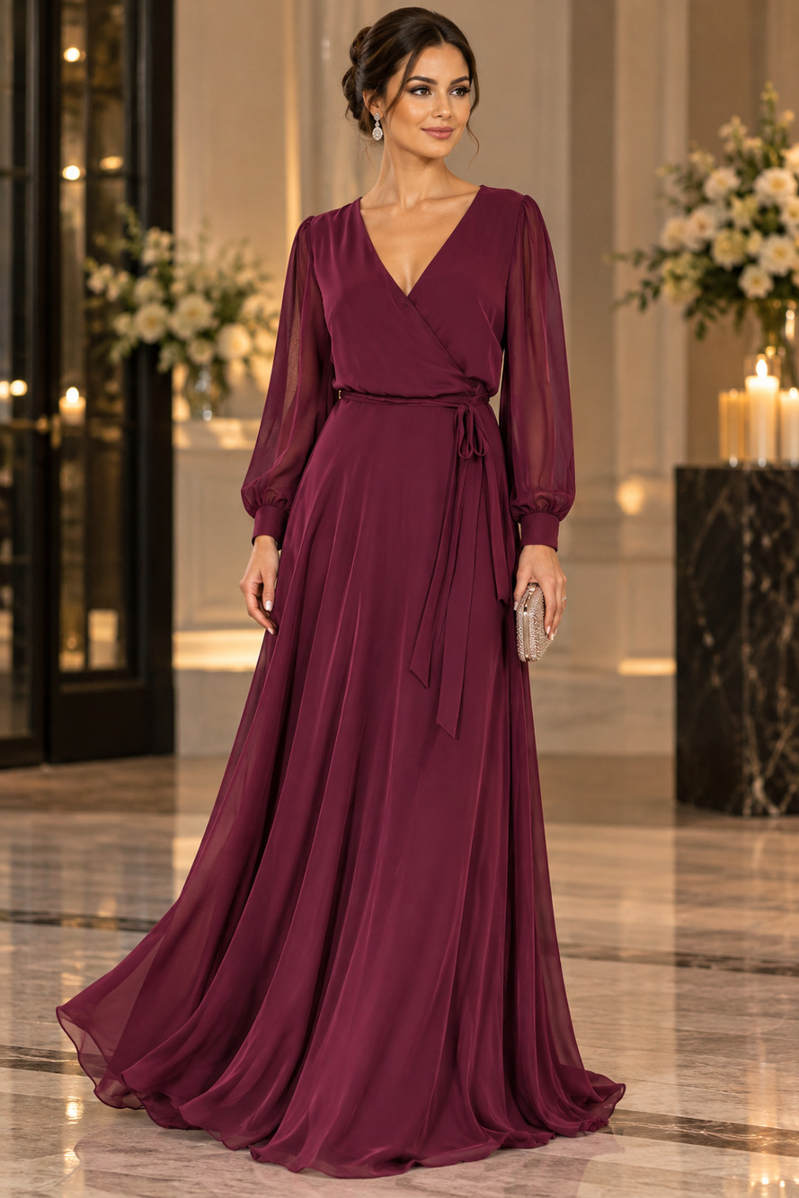 Lulus Size XL Plum Burgundy Chiffon Wrap Maxi Dress Long Sleeve Special Occasion